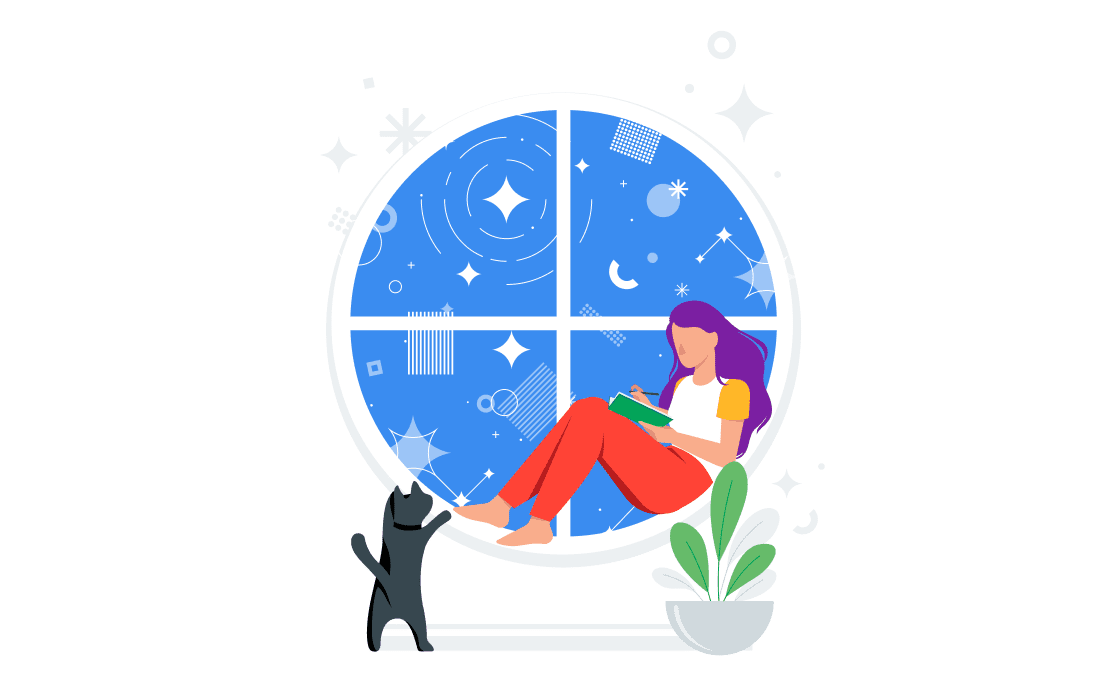 Google Polaris character with cat in window seat graphic